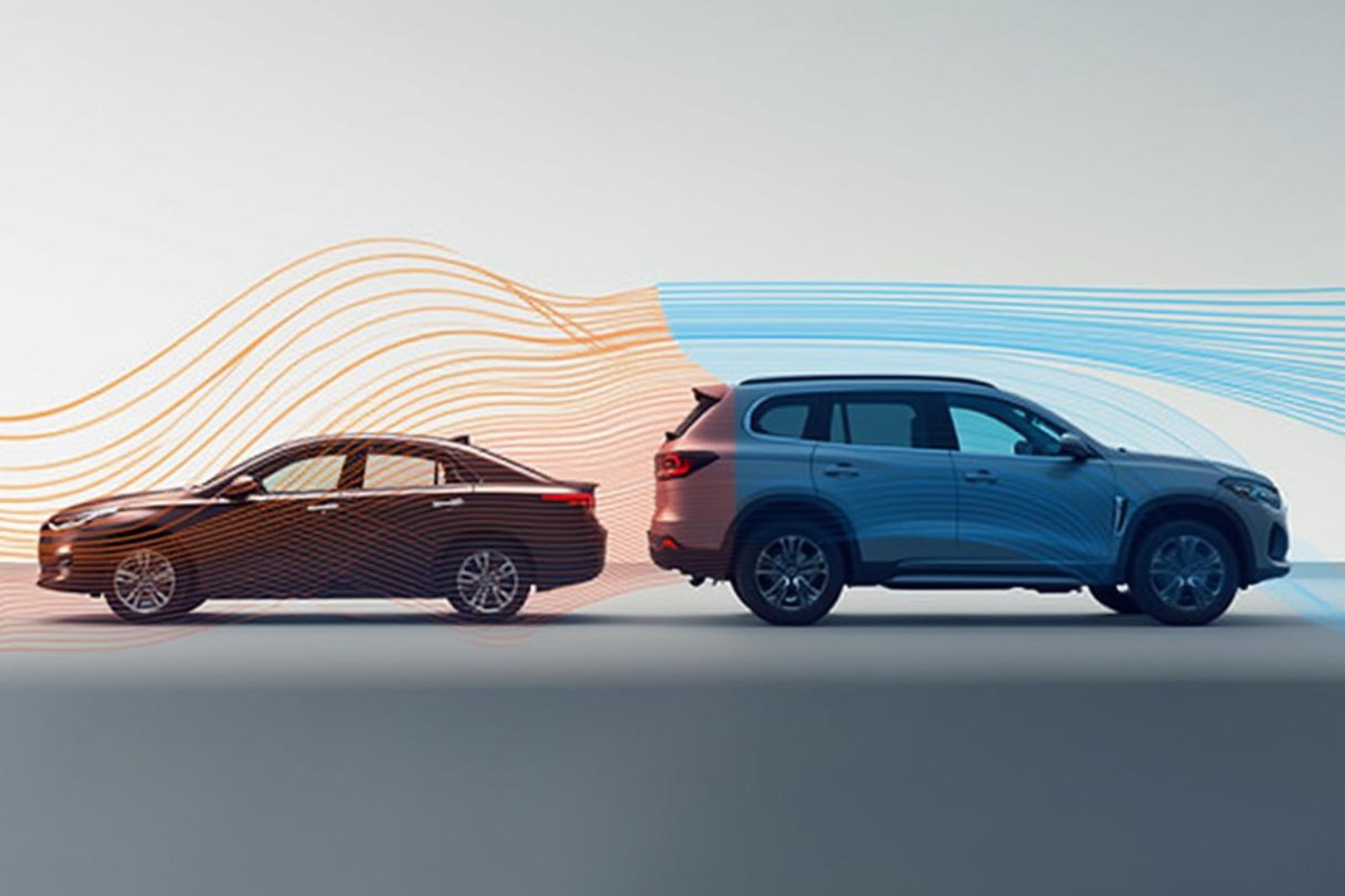 Silhouette comparison showing aerodynamic differences between sedan and SUV body styles with airflow patterns - what hybrid car gets the best highway mileage