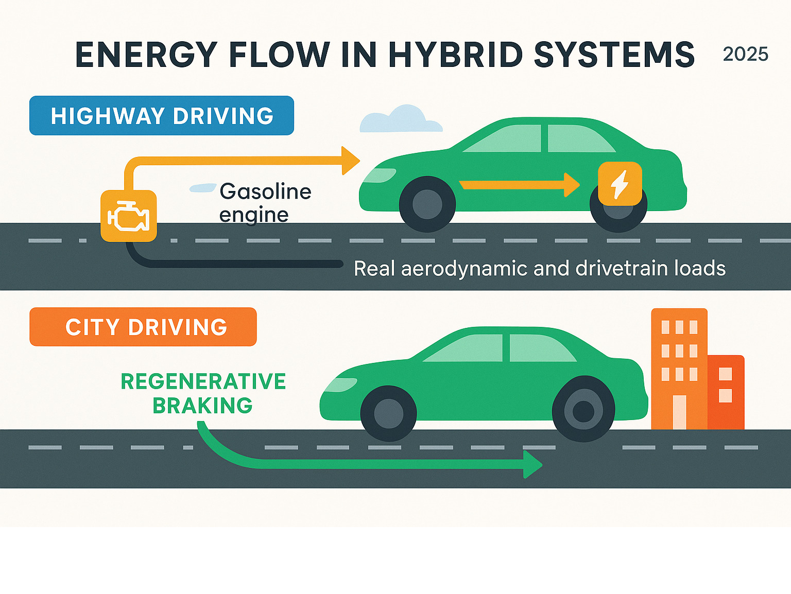 Infographic showing energy flow in hybrid systems during highway vs city driving, illustrating regenerative braking opportunities and electric motor assistance patterns - what hybrid car gets the best highway mileage infographic