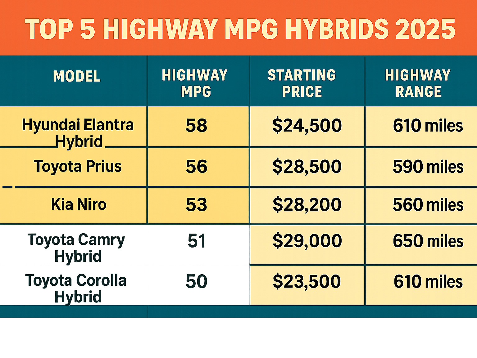 Comparison table showing top 5 highway MPG hybrids with their EPA ratings, starting prices, and highway range - what hybrid car gets the best highway mileage infographic