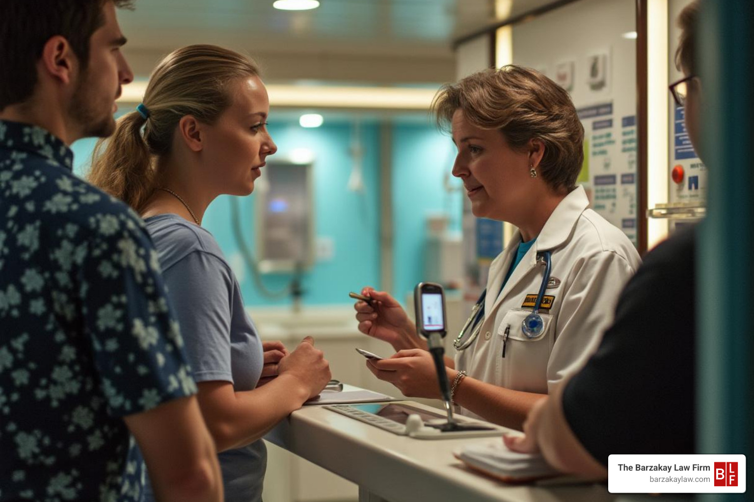 passenger reporting injury to crew member at ship's medical center - cruise ship injury lawyer