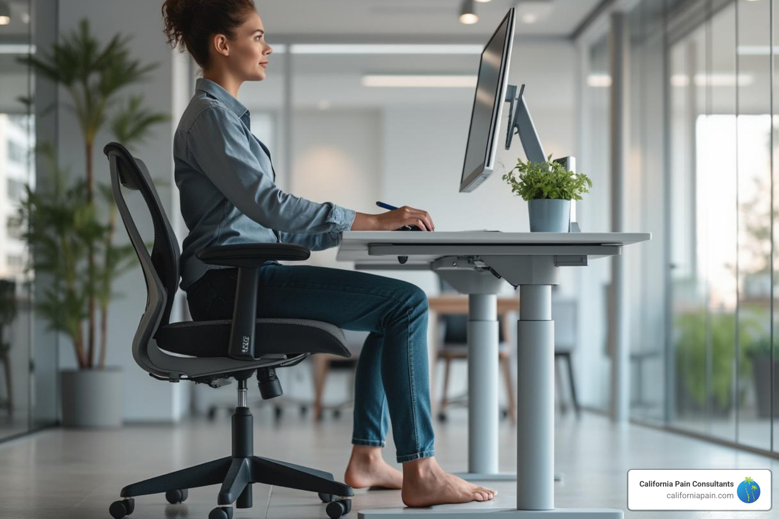 person at adjustable sit-stand workstation with ergonomic chair and neutral spine - natural back pain relief person at adjustable sit-stand workstation with ergonomic chair and neutral spine - natural back pain relief
