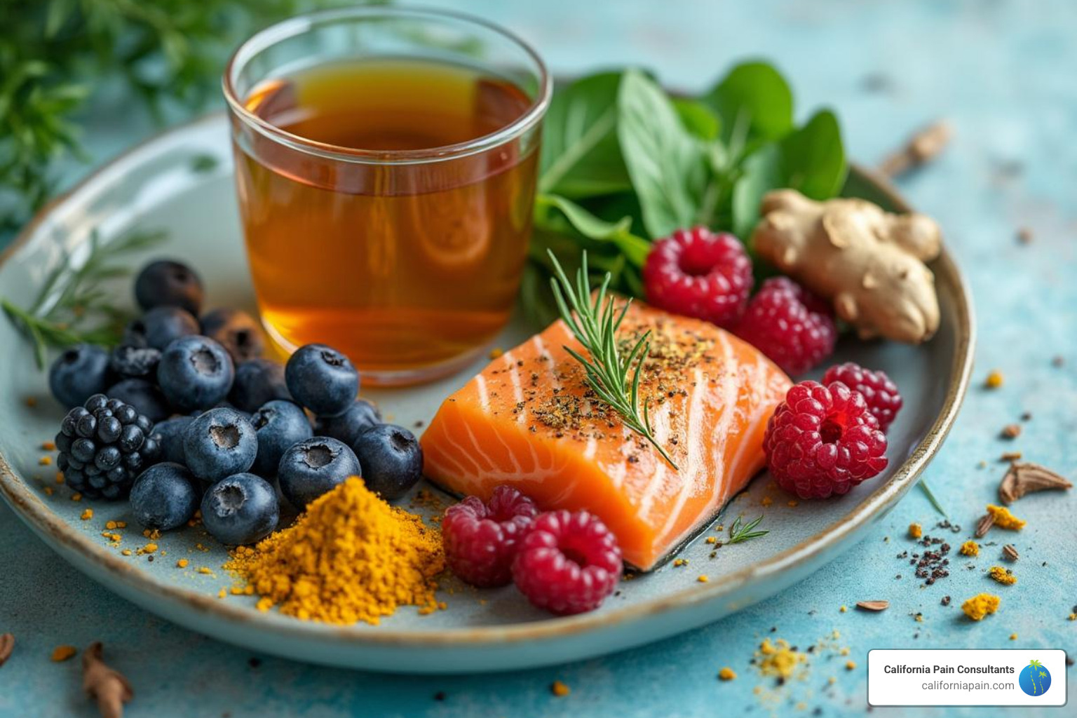 colorful anti-inflammatory plate: berries, salmon, leafy greens, turmeric, ginger tea - natural back pain relief colorful anti-inflammatory plate: berries, salmon, leafy greens, turmeric, ginger tea - natural back pain relief