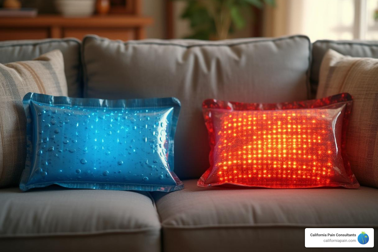 ice pack and heating pad side by side on a sofa - natural back pain relief ice pack and heating pad side by side on a sofa - natural back pain relief