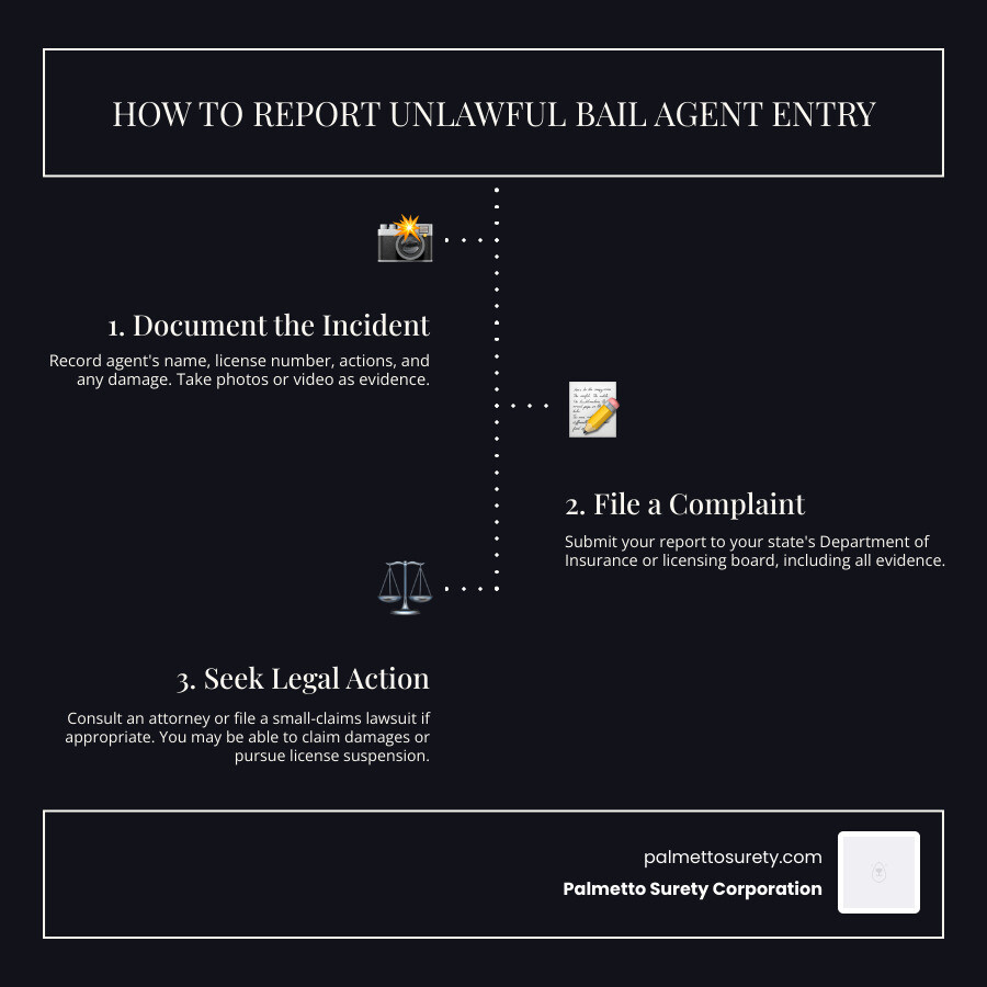 Home sweet home – can bail bond agents legally enter? 5 Infographic: complaint workflow for reporting unlawful bail bond agent entry, from incident to resolution - can a bail bond agent enter your home infographic infographic-line-3-steps-dark