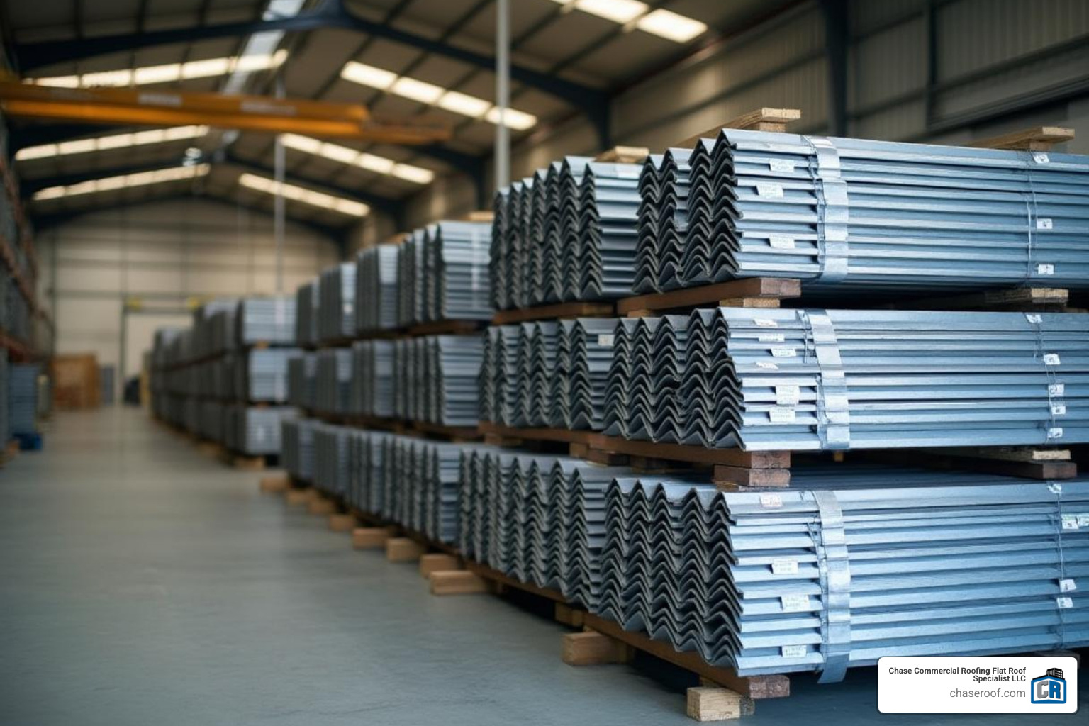 Warehouse storing metal roofing panels with proper stacking, tarping, and inventory management systems - bulk metal roofing