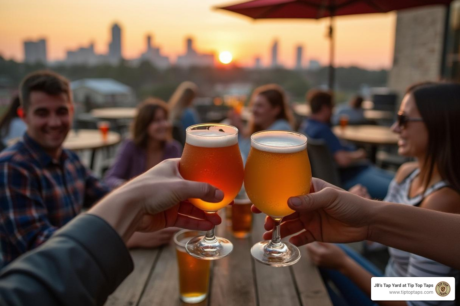 cheers at sunset on a brewery patio, with Augusta skyline in background - craft beer augusta ga