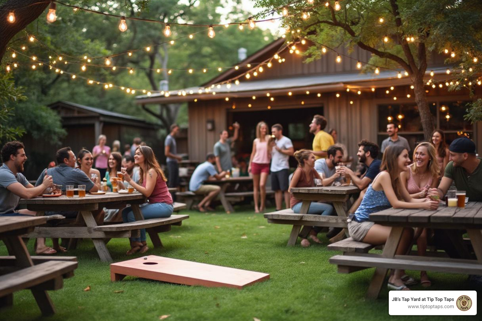 backyard-style taproom with yard games and friends laughing - craft beer augusta ga