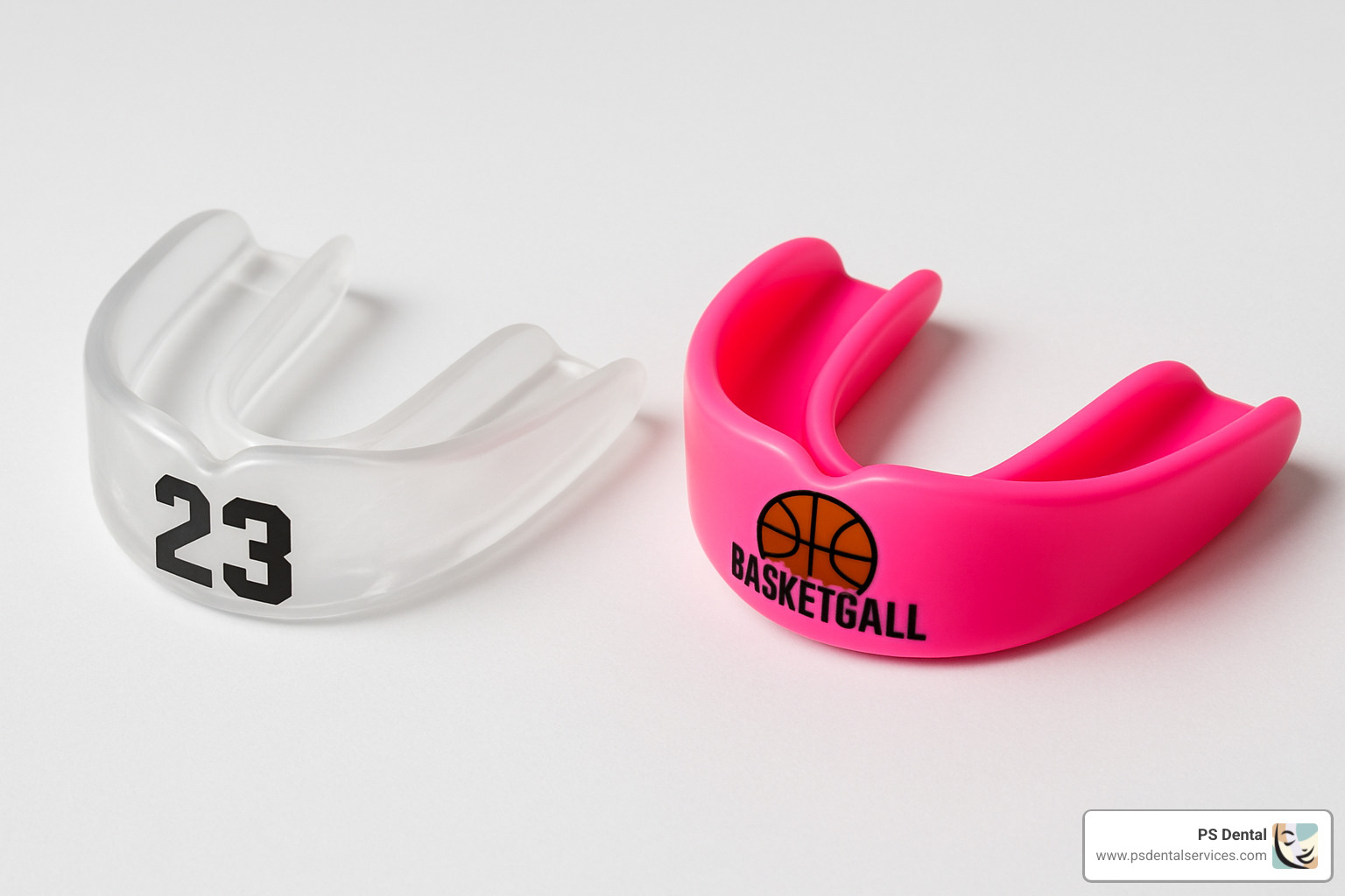 Comparison of customized clear versus neon colored basketball mouthguards showing personalization options - mouth guard for basketball