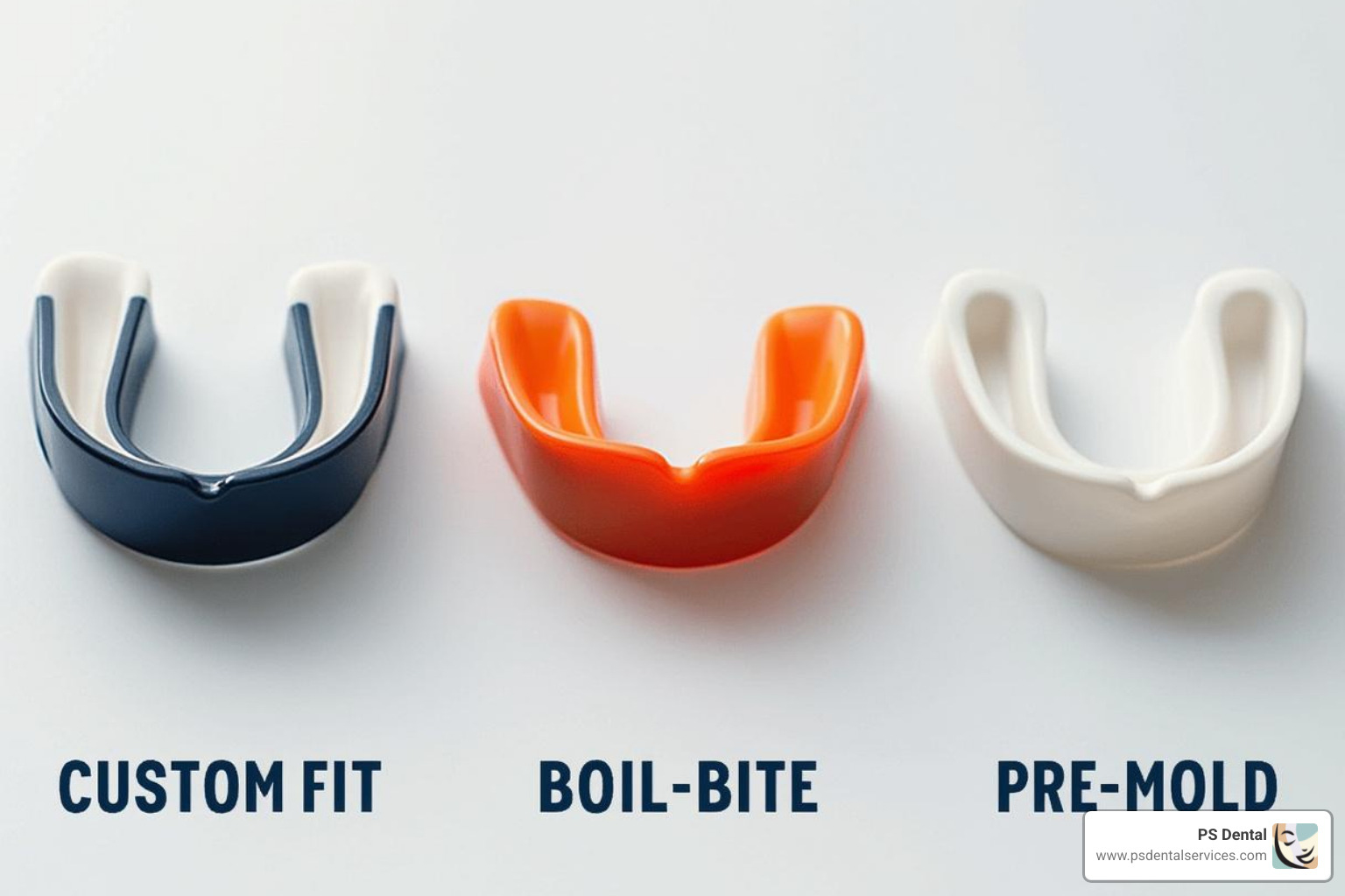 Three different basketball mouthguard styles displayed side by side showing custom-fit, boil-and-bite, and pre-molded options - mouth guard for basketball