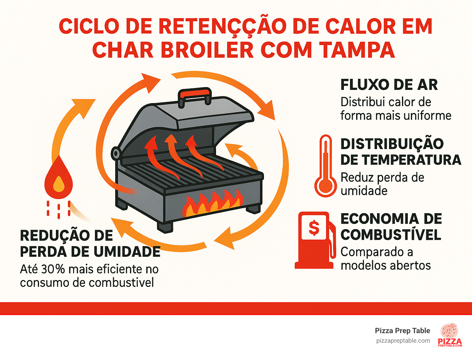 Infográfico mostrando o ciclo de retenção de calor em char broiler com tampa, incluindo fluxo de ar, distribuição de temperatura, redução de perda de umidade e economia de combustível comparado a modelos abertos - char broiler com tampa infographic 