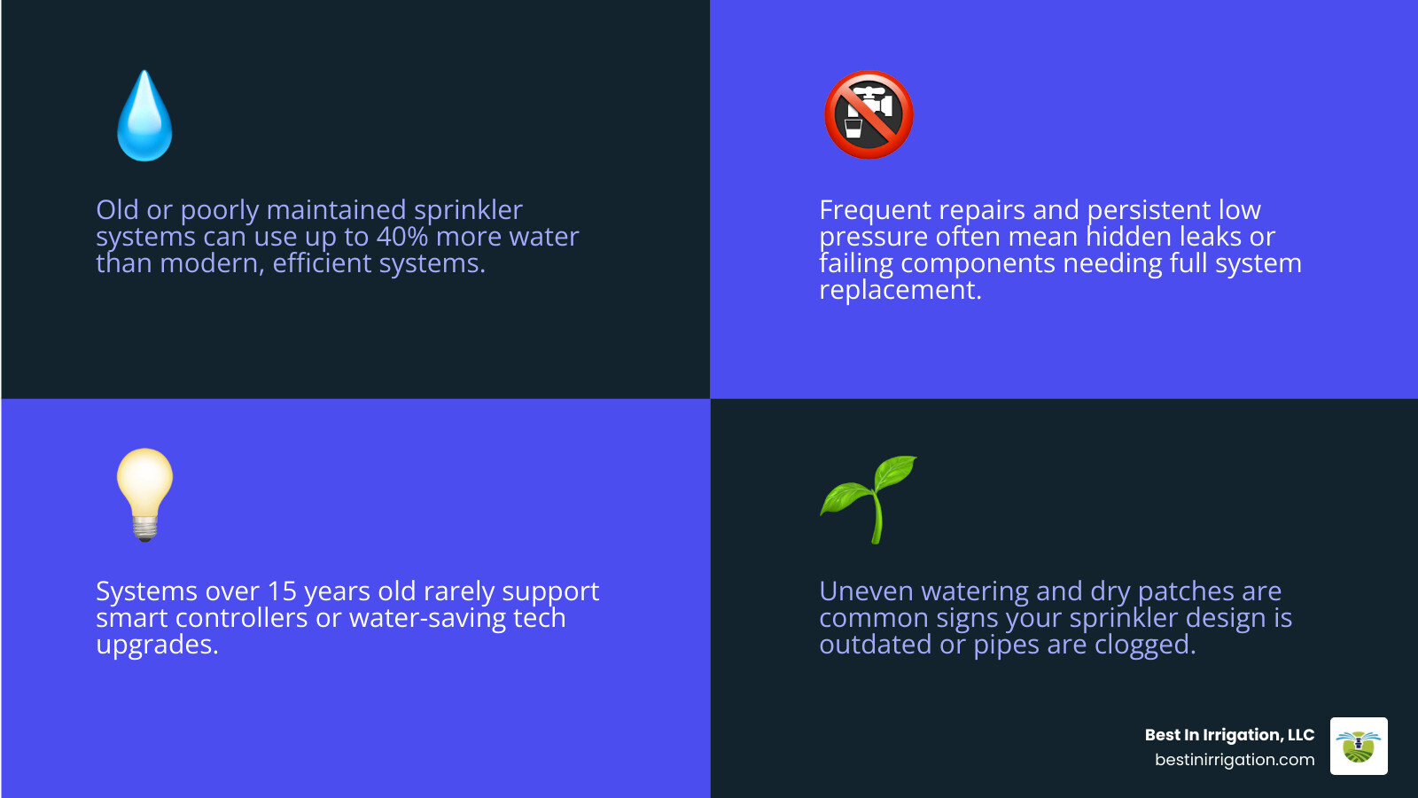 Water usage comparison chart showing 40% higher consumption in systems needing replacement versus properly maintained modern systems, plus breakdown of common replacement triggers by percentage - sprinkler installation and repair infographic 4_facts_emoji_blue