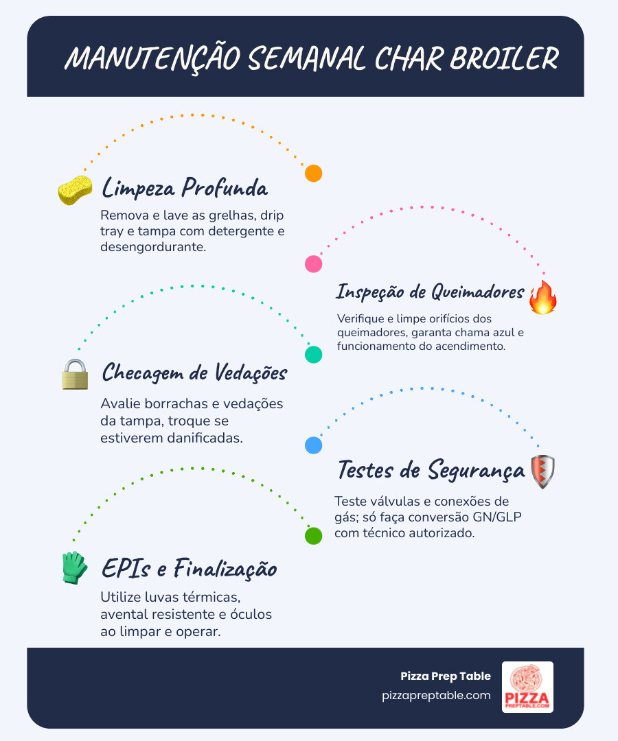 Cronograma de manutenção semanal para char broiler com tampa incluindo limpeza profunda, inspeção de componentes, verificação de vedações e teste de segurança - char broiler com tampa infographic infographic-line-5-steps-blues-accent_colors