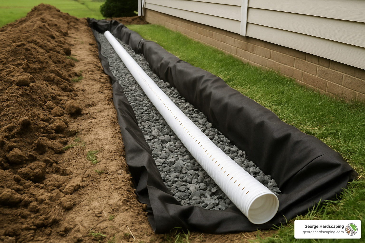 French drain installation with gravel and perforated pipe - backyard patio contractors