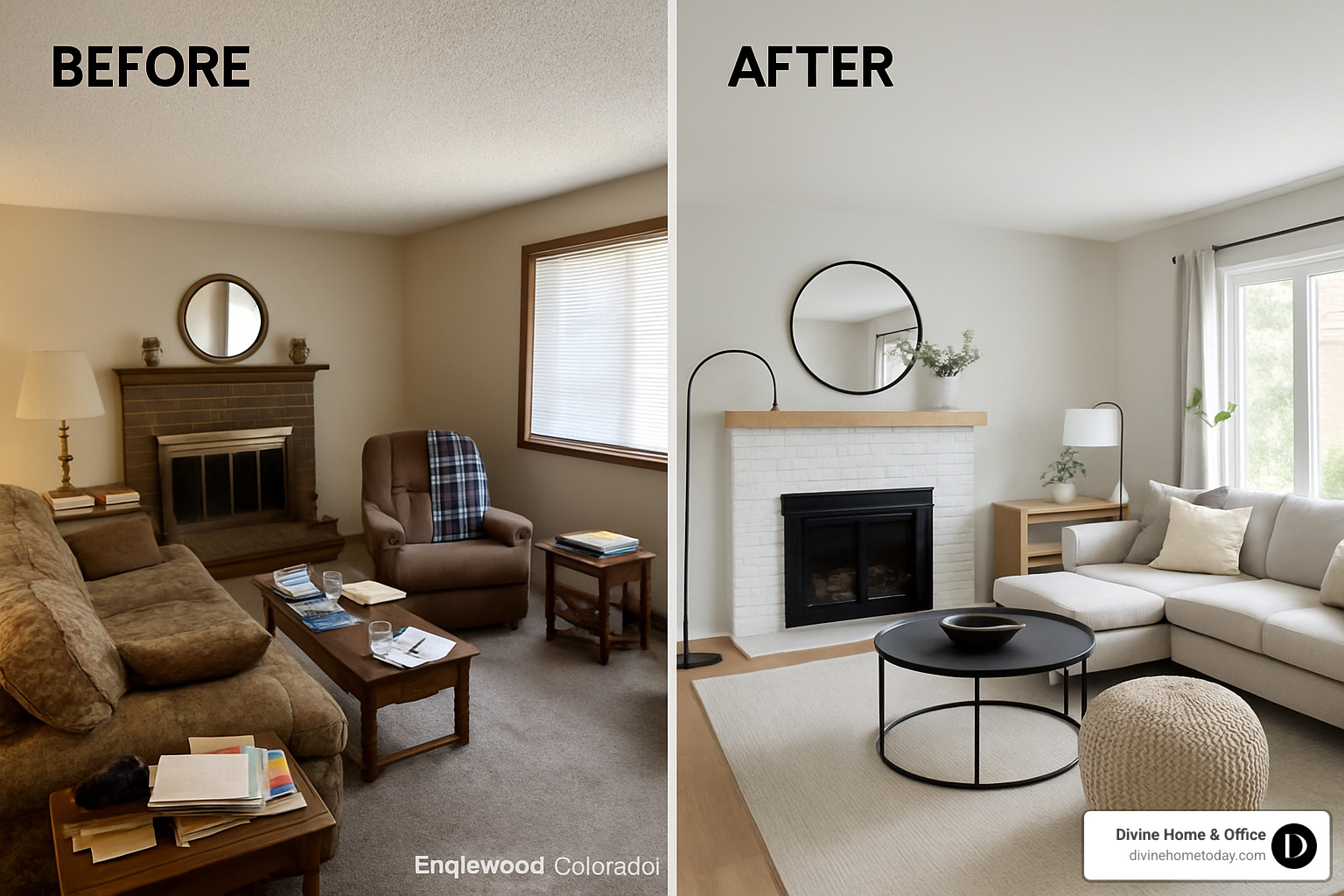 Before and after of a living room transformed by professional design in Englewood - Englewood design consultation