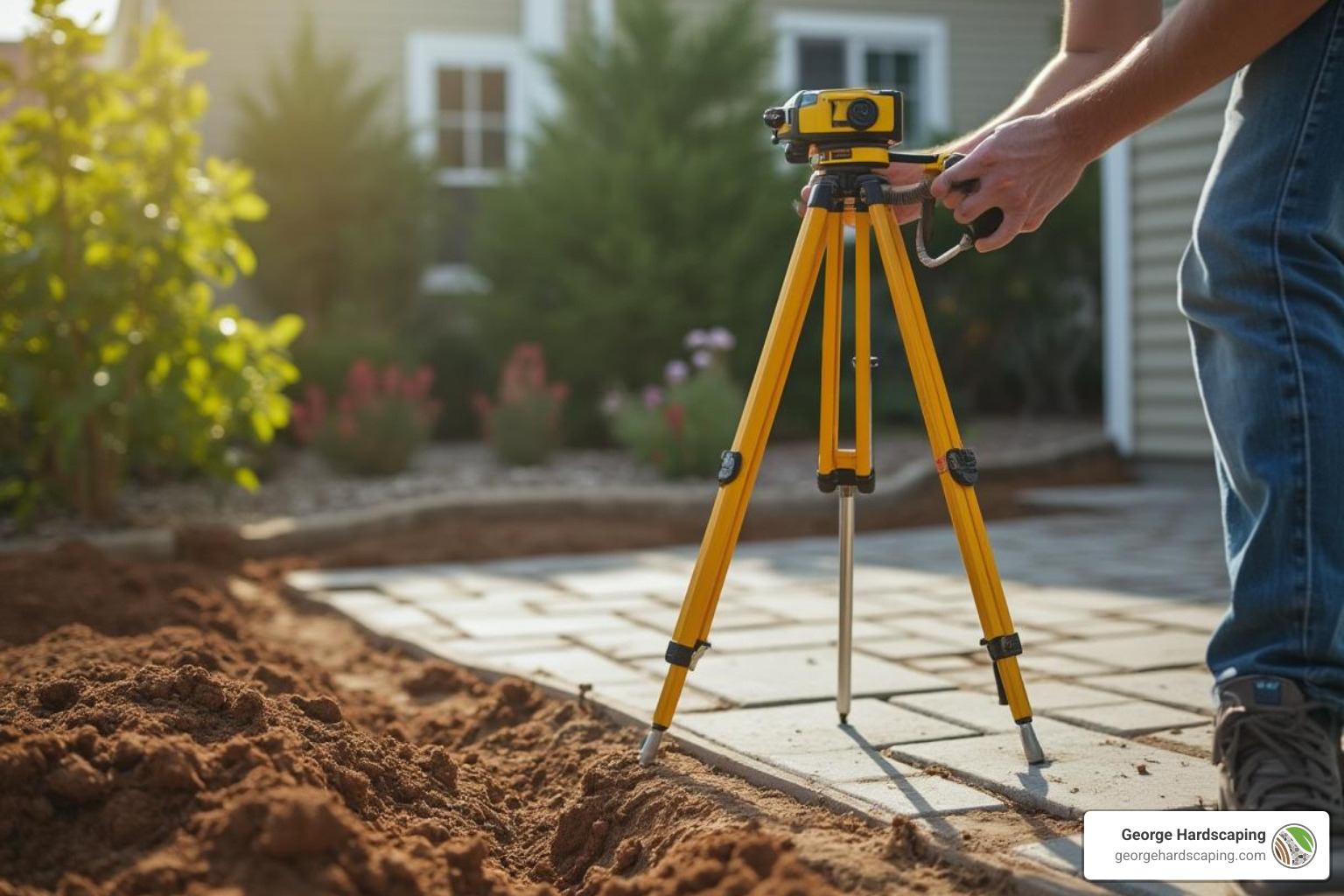 Laser level equipment being used for precise patio grading - backyard patio contractors