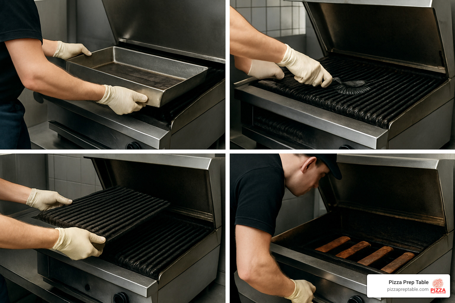 Processo de limpeza de char broiler com tampa mostrando remoção da drip tray, limpeza das grelhas e verificação dos queimadores - char broiler com tampa