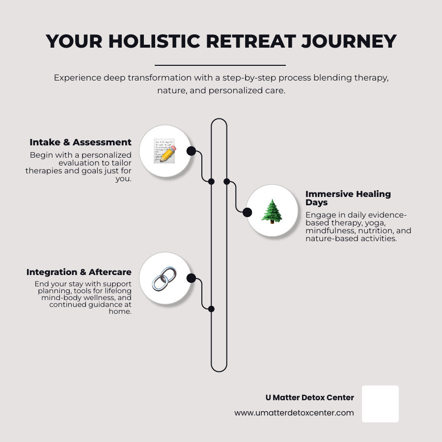 A visual timeline: from intake & assessment, through daily therapy, nature activities, nutrition, and group support, ending with aftercare integration at home. "A holistic mental health retreat timeline: from arrival to lasting change." - holistic mental health retreat infographic infographic-line-3-steps-neat_beige