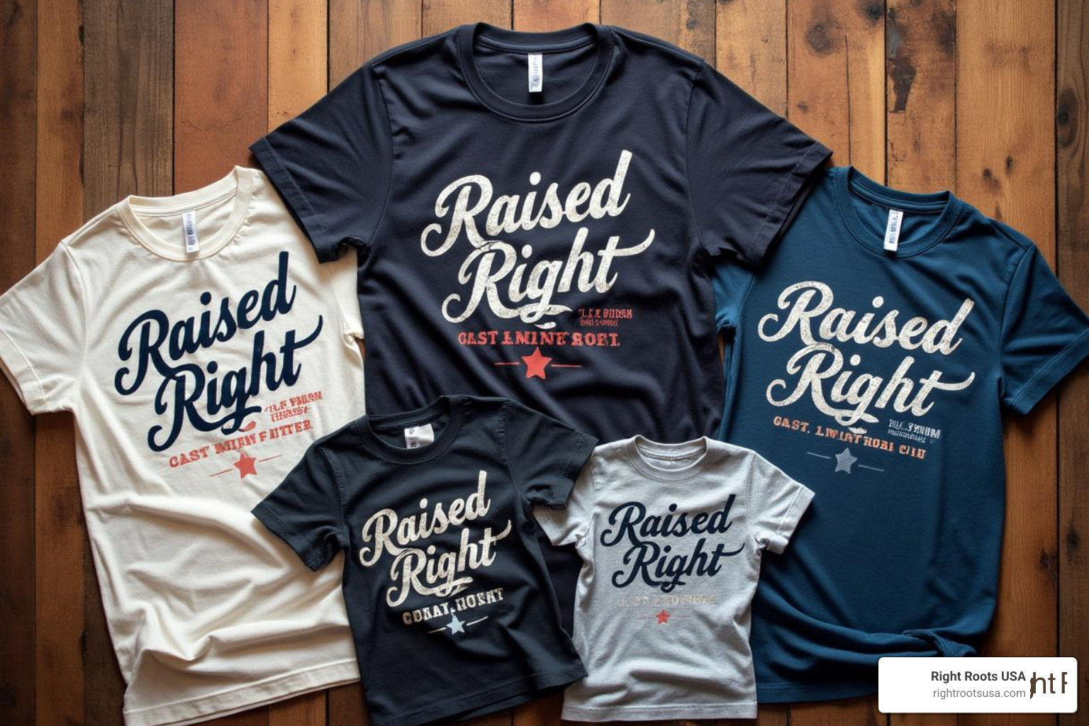flat-lay of raised right tees in various colors and styles - raised right tshirt