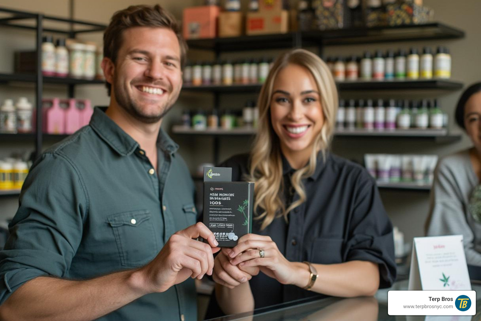 Happy customer holding a 1906 microdose product at Terp Bros dispensary, smiling with budtender - 1906 microdose reviews