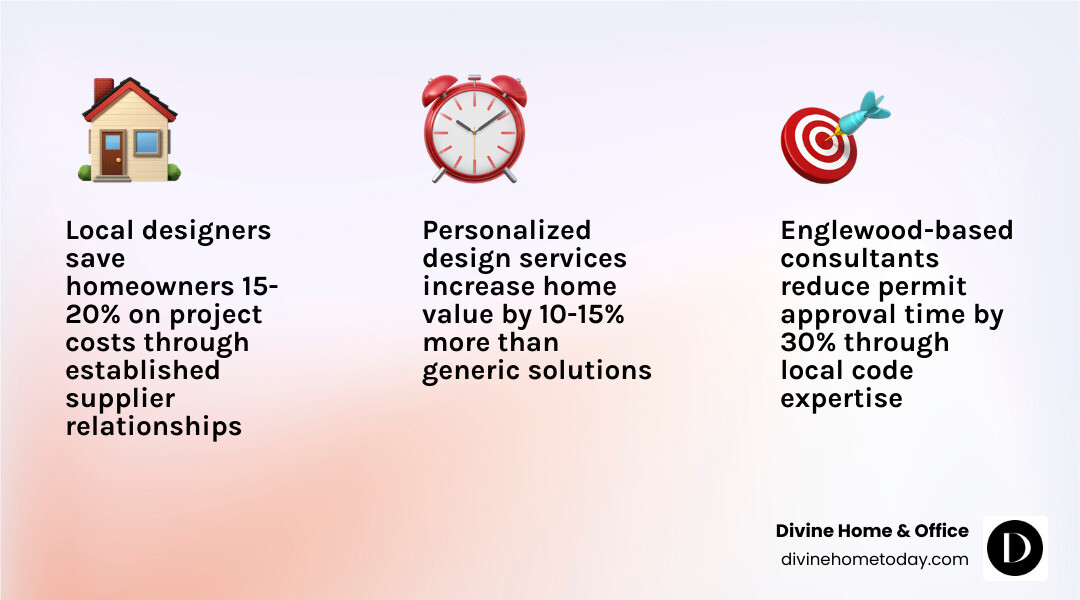 Stat infographic: Local design consultants save homeowners time and money through code compliance and personalized service - Englewood design consultation infographic 3_facts_emoji_light-gradient