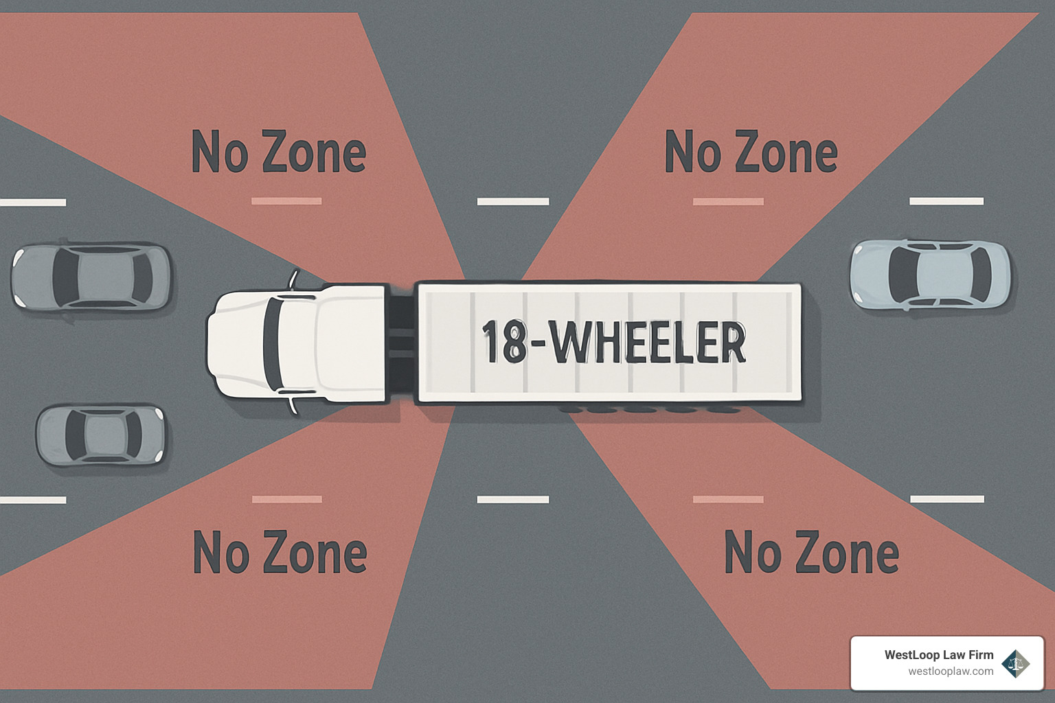 Diagram showing truck blind spot zones around an 18-wheeler, including the "No Zone" areas where passenger vehicles are invisible to truck drivers - 18 wheeler accident