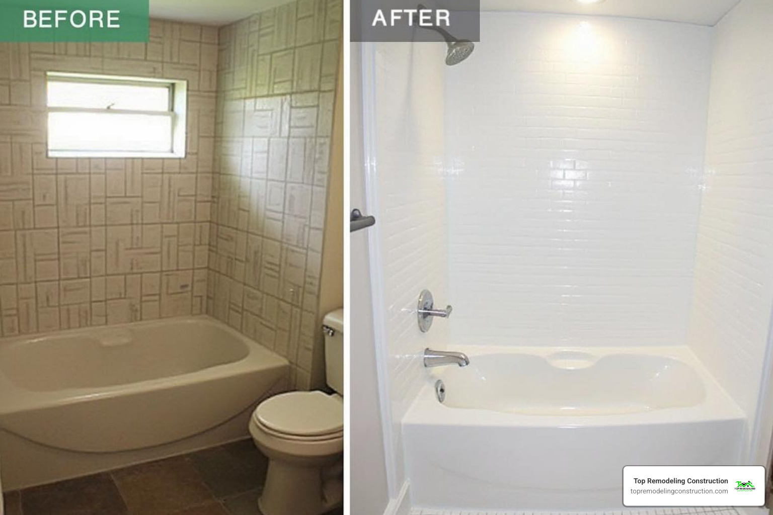 before and after bathroom remodel - old brown tile to bright white spa bath - preferred custom remodeling