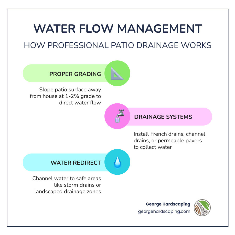 Infographic showing backyard water flow, with arrows pointing away from patio toward proper drains, illustrating how professional contractors design patios to direct water safely and prevent puddles, algae, or erosion - backyard patio contractors infographic infographic-line-3-steps-colors