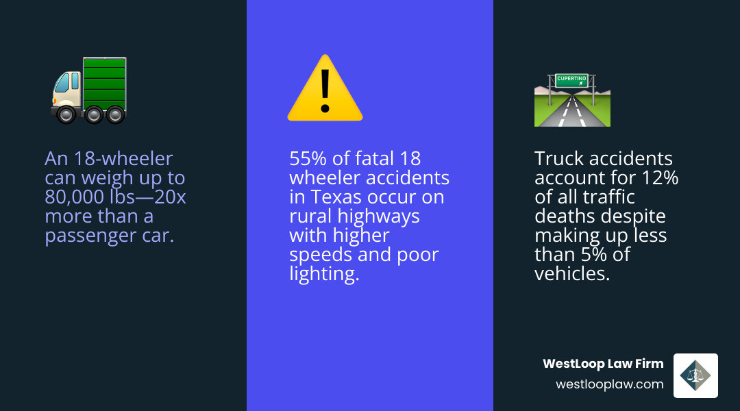 Infographic showing comparative size and weight differences between 18-wheeler trucks and passenger vehicles, including stopping distances, blind spot zones, and fatality statistics for truck accidents in Texas - 18 wheeler accident infographic 3_facts_emoji_blue