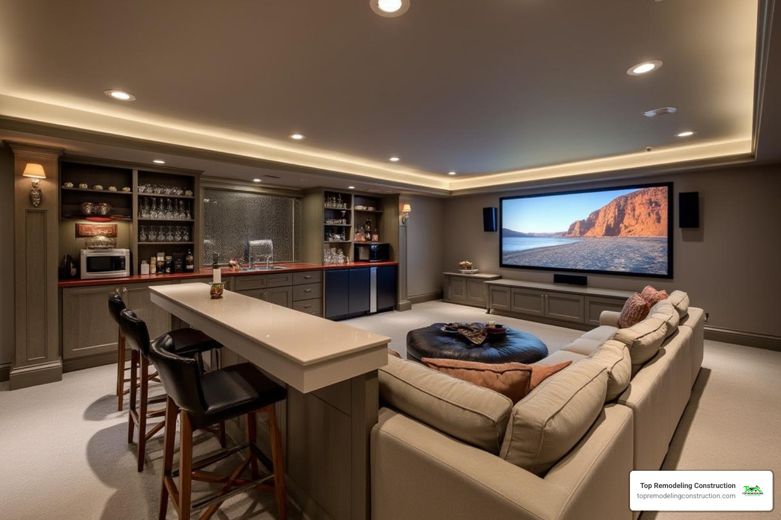 finished basement with home theater and wet bar - preferred custom remodeling