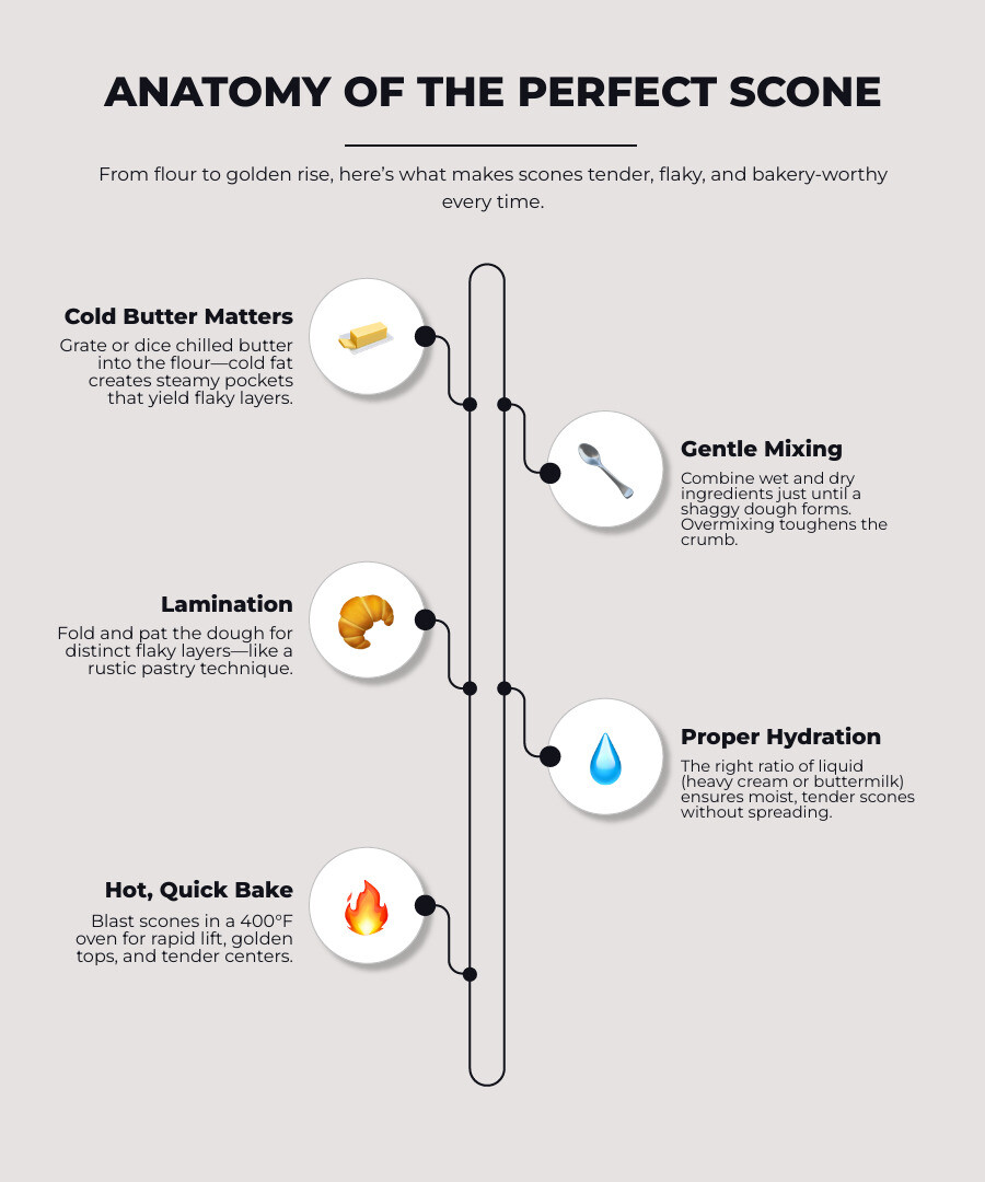 Detailed infographic showing cross-section of perfect scone with labeled components: golden-brown crust, flaky layers from cold butter, tender crumb structure, proper rise height, and ideal texture indicators - scones infographic infographic-line-5-steps-neat_beige