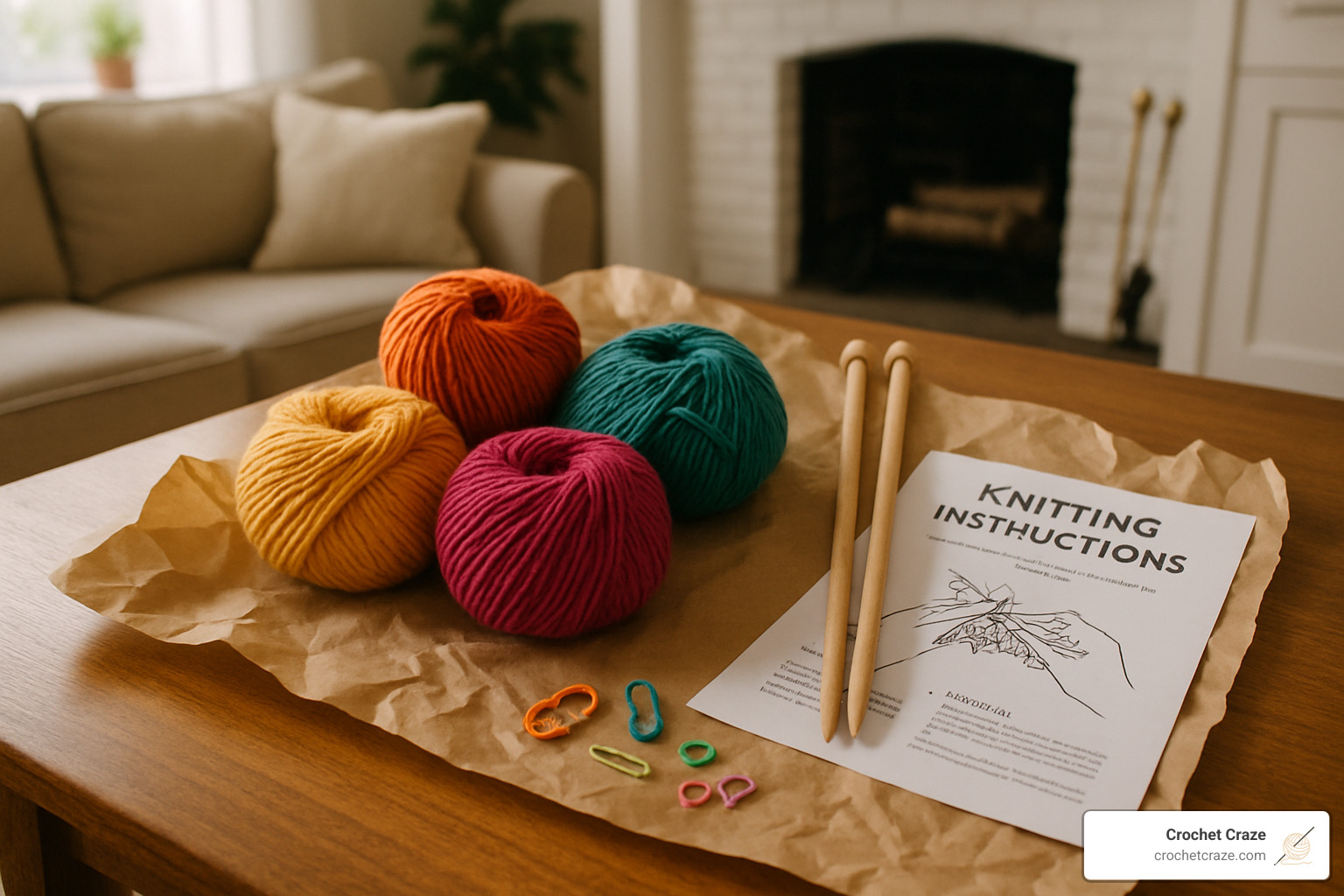 Complete knitting kit unwrapped with yarn, needles, and instructions - gifts for new knitters