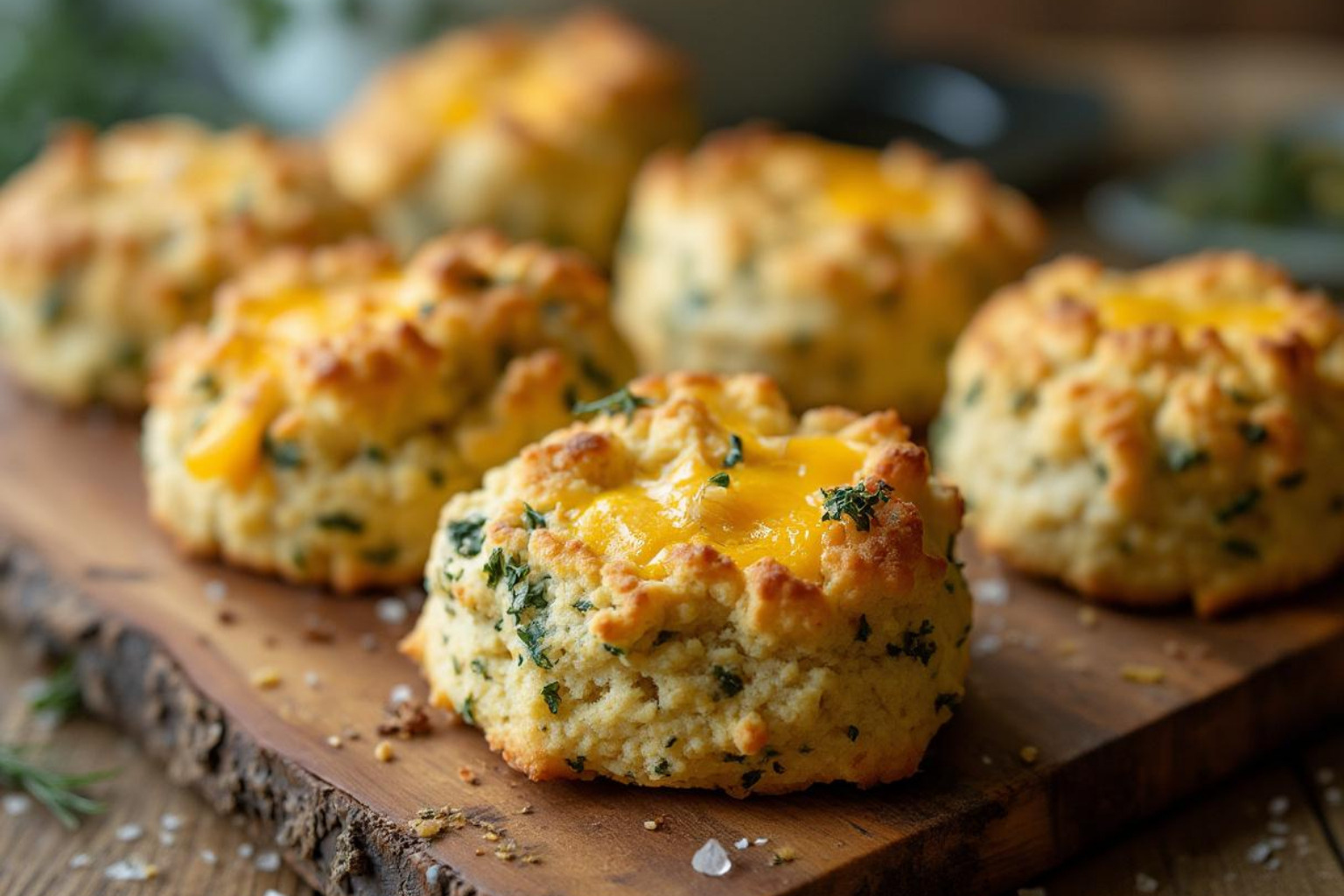savory cheddar-herb scones on wooden board - scones