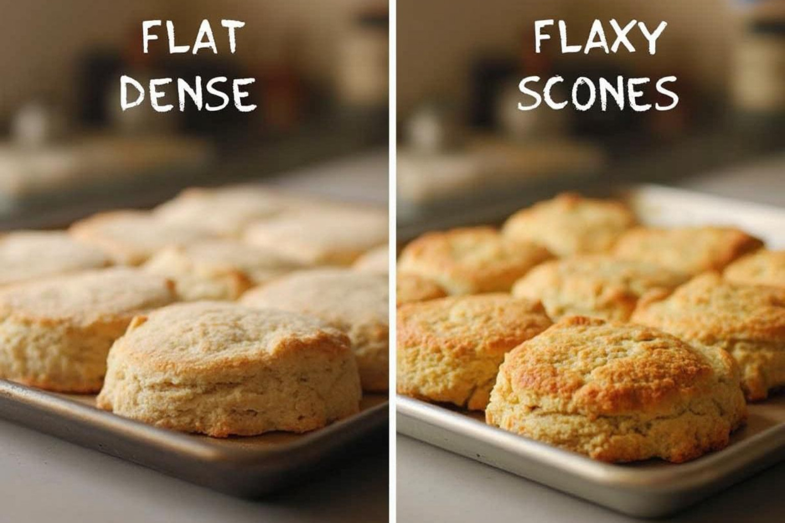 comparison image showing flat, dense scones versus properly risen, flaky scones - scones