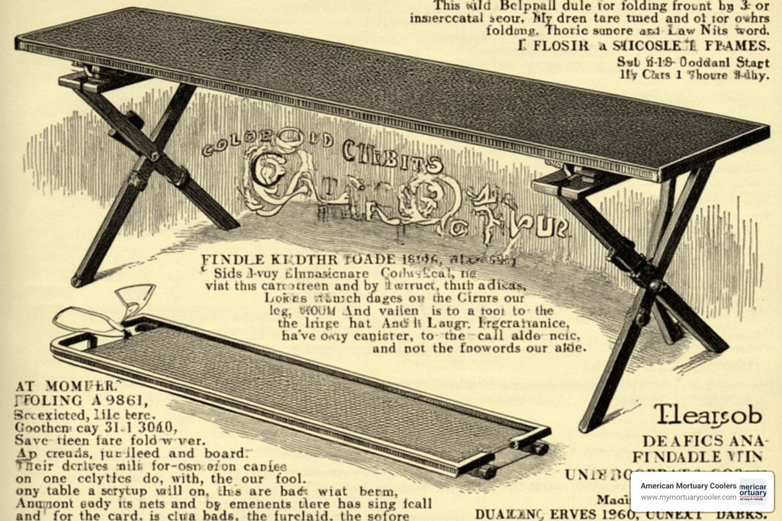 Vintage Gleason board advertisement, showing perforated cooling table and folding design - antique portable embalming table
