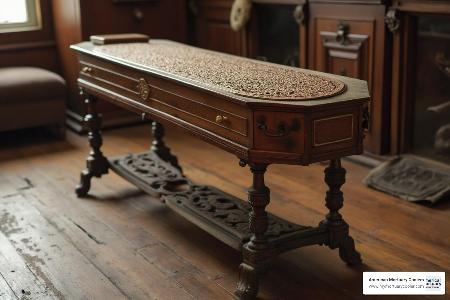 Victorian portable embalming table with folded legs and visible copper lining - antique portable embalming table