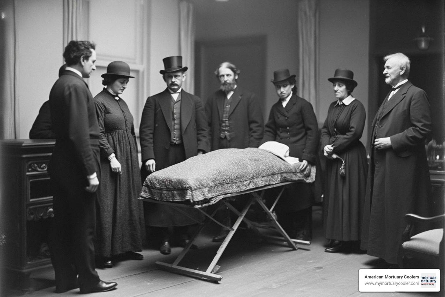 Historic photo of Victorian home funeral with portable embalming table in use - antique portable embalming table