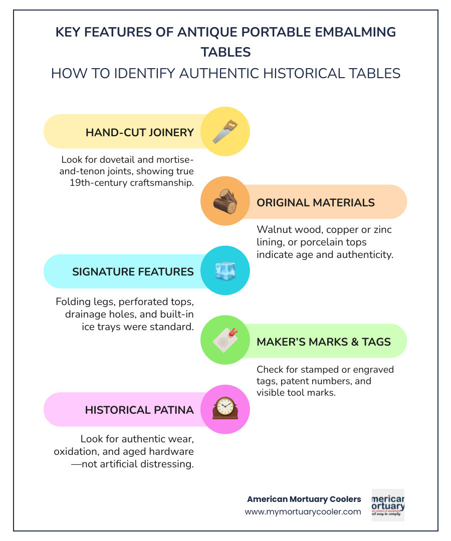 Infographic: Key features and makers of antique portable embalming tables - antique portable embalming table infographic infographic-line-5-steps-colors