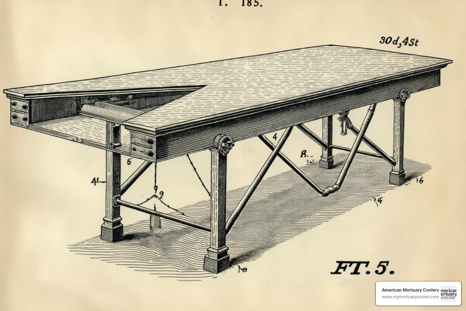 Scientific drawing of Gaston's 1885 adjustable embalming table patent - antique portable embalming table
