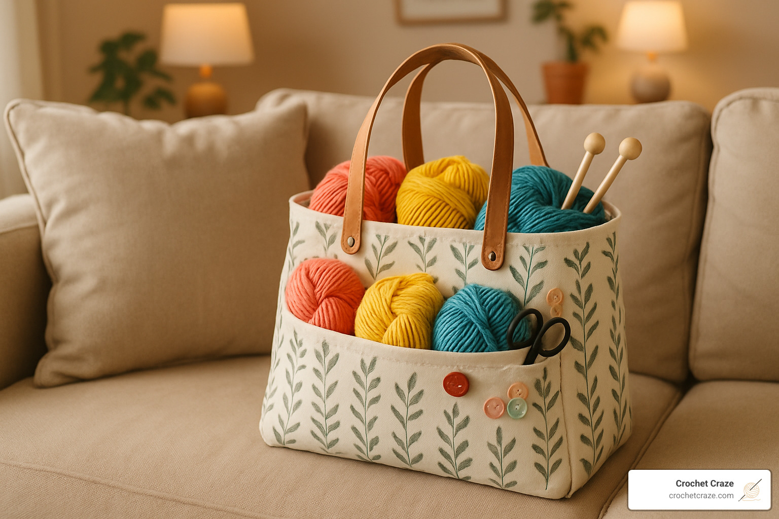 Stylish project bag with knitting supplies on a comfortable sofa - gifts for new knitters