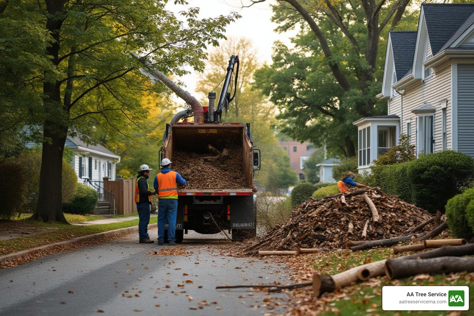 Wood-chip recycling truck collecting debris after tree removal in Beverly - tree removal beverly