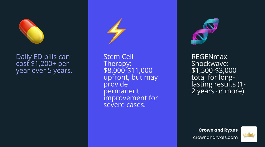 Infographic comparing cost per year of different REGENmax ED treatments over 5 years, showing long-term value - erectile dysfunction treatment cost in the villages infographic 3_facts_emoji_blue