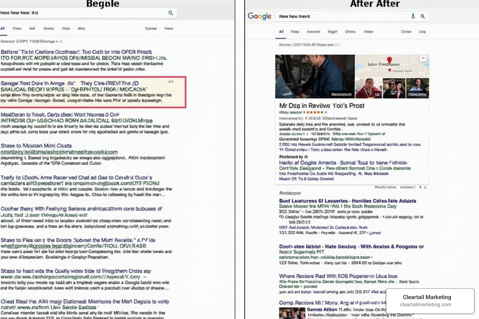 Before-and-after screenshots showing negative vs. positive search results after ORM campaigns - reputation management agencies