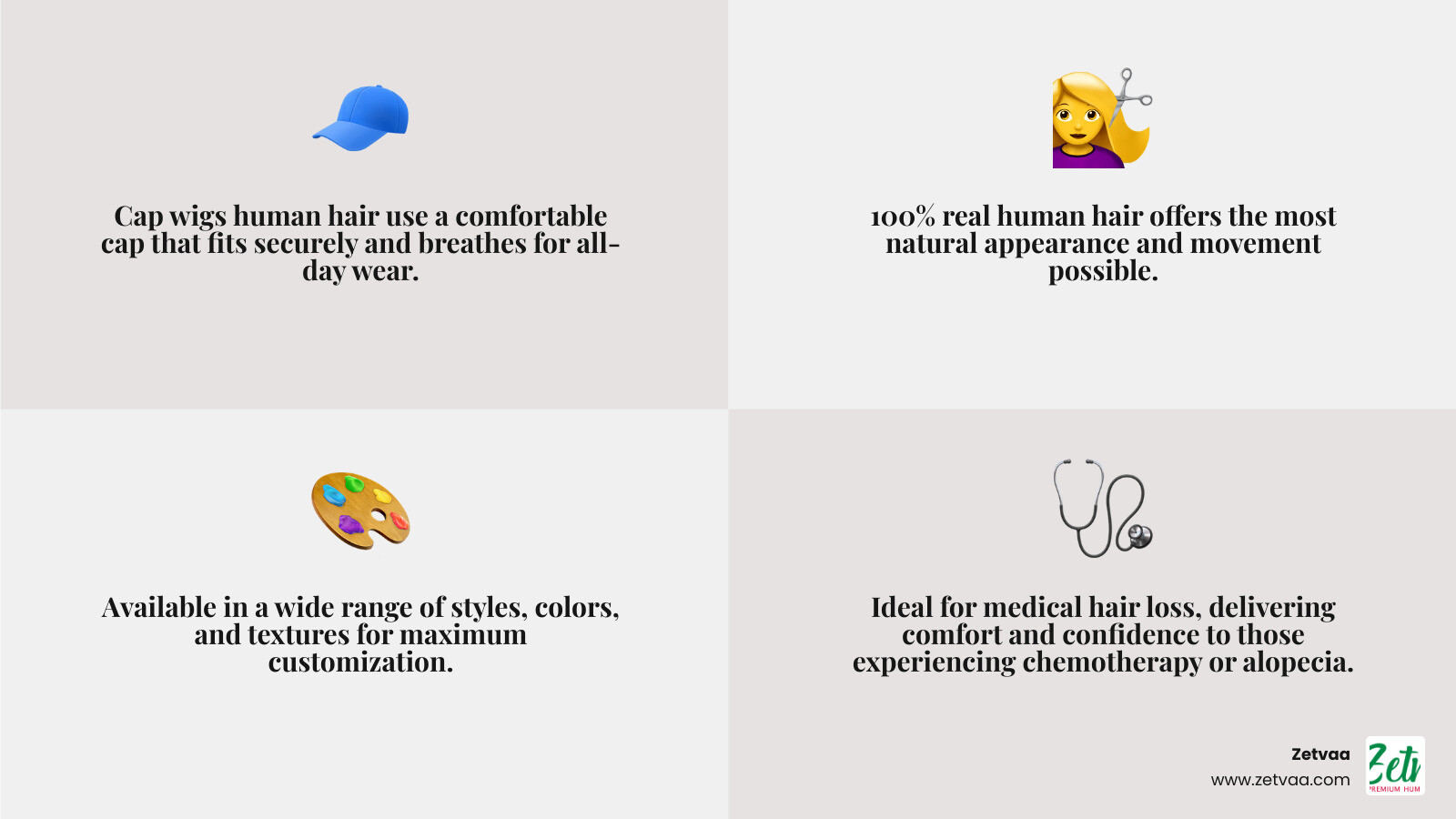 Detailed infographic showing cap wigs human hair anatomy, including cap construction types (wefted, lace front, monofilament, hand-tied), adjustable features, and the way natural human hair is attached for maximum comfort and realism. - cap wigs human hair infographic 4_facts_emoji_grey
