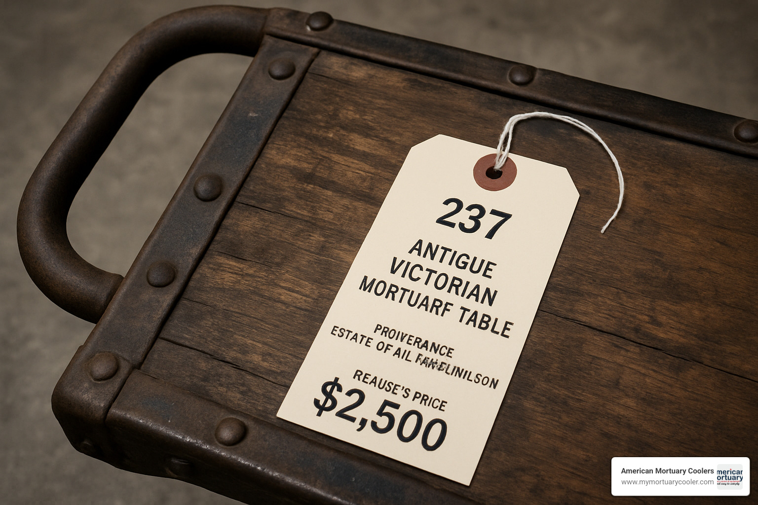 Auction tag on Victorian mortuary table, showing provenance and price achieved at recent sale - antique portable embalming table