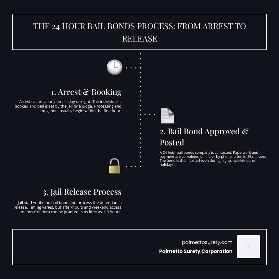 Houston, we have a bondsman! Top 24 hour bail bonds services 1 Infographic showing 24 hour bail bonds process timeline from arrest booking through jail release, including average processing times at different hours of the day and comparison of business hours vs after-hours service availability - 24 hour bail bonds company infographic infographic-line-3-steps-dark