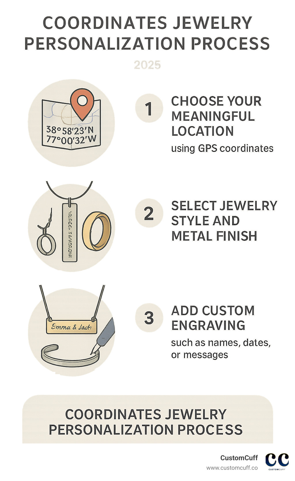 Infographic showing the 3-step coordinates jewelry personalization process: Step 1 - Choose your meaningful location using GPS coordinates, Step 2 - Select jewelry style and metal finish, Step 3 - Add custom engraving with names, dates, or messages - coordinates jewelry infographic 