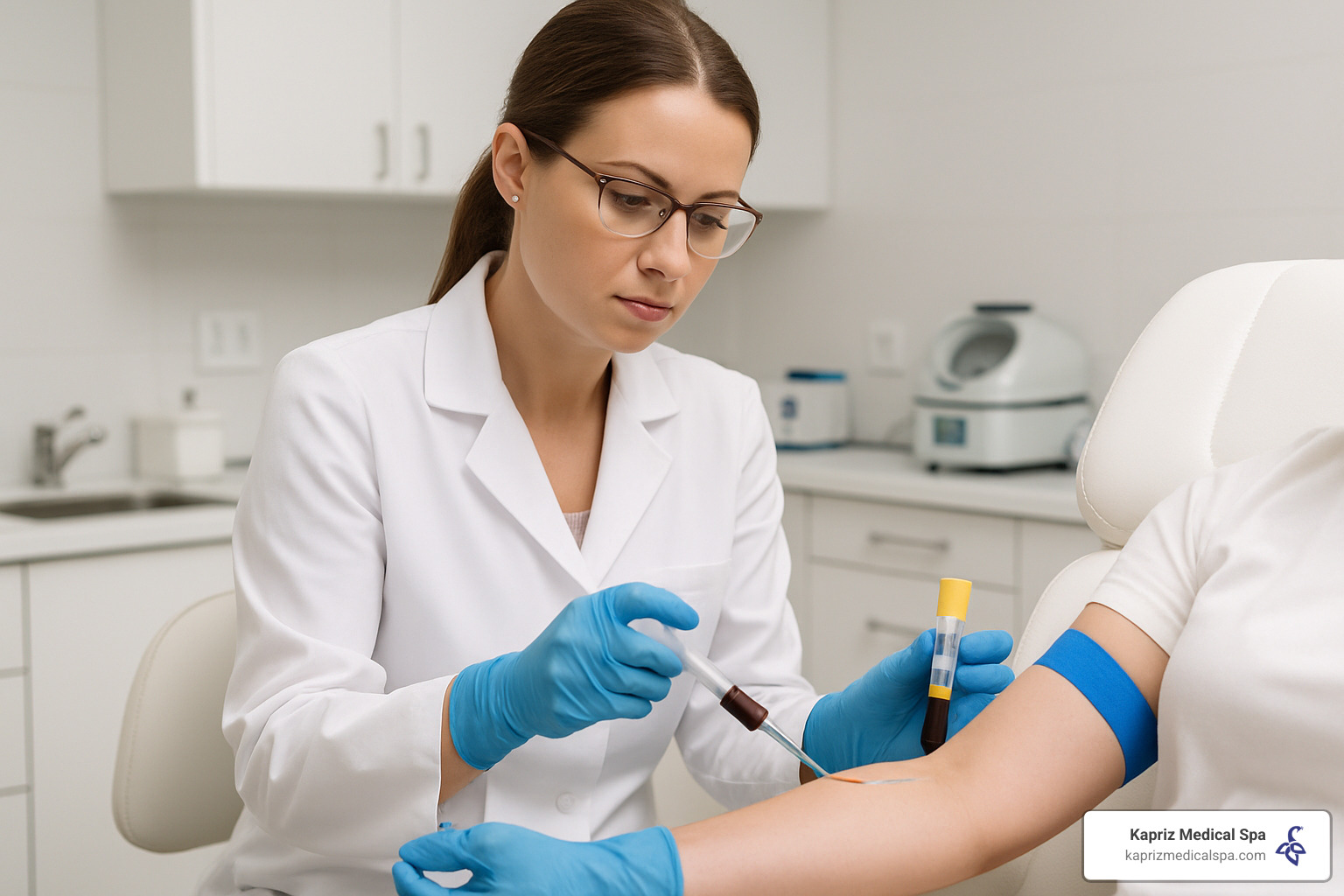Licensed clinician drawing blood and preparing PRP injection in sterile medical environment - PRP for collagen boost