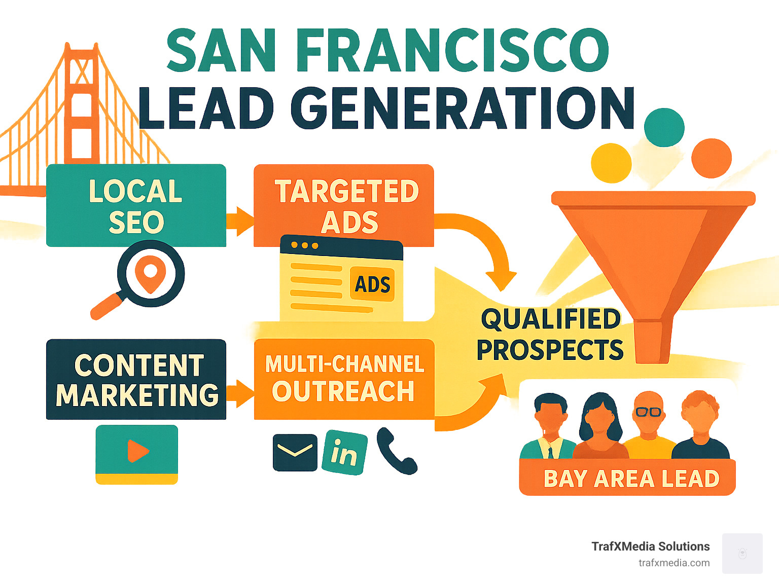 San Francisco lead generation process showing local SEO, targeted ads, content marketing, and multi-channel outreach flowing into qualified prospects for Bay Area businesses - San Francisco lead generation infographic San Francisco lead generation process showing local SEO, targeted ads, content marketing, and multi-channel outreach flowing into qualified prospects for Bay Area businesses - San Francisco lead generation infographic
