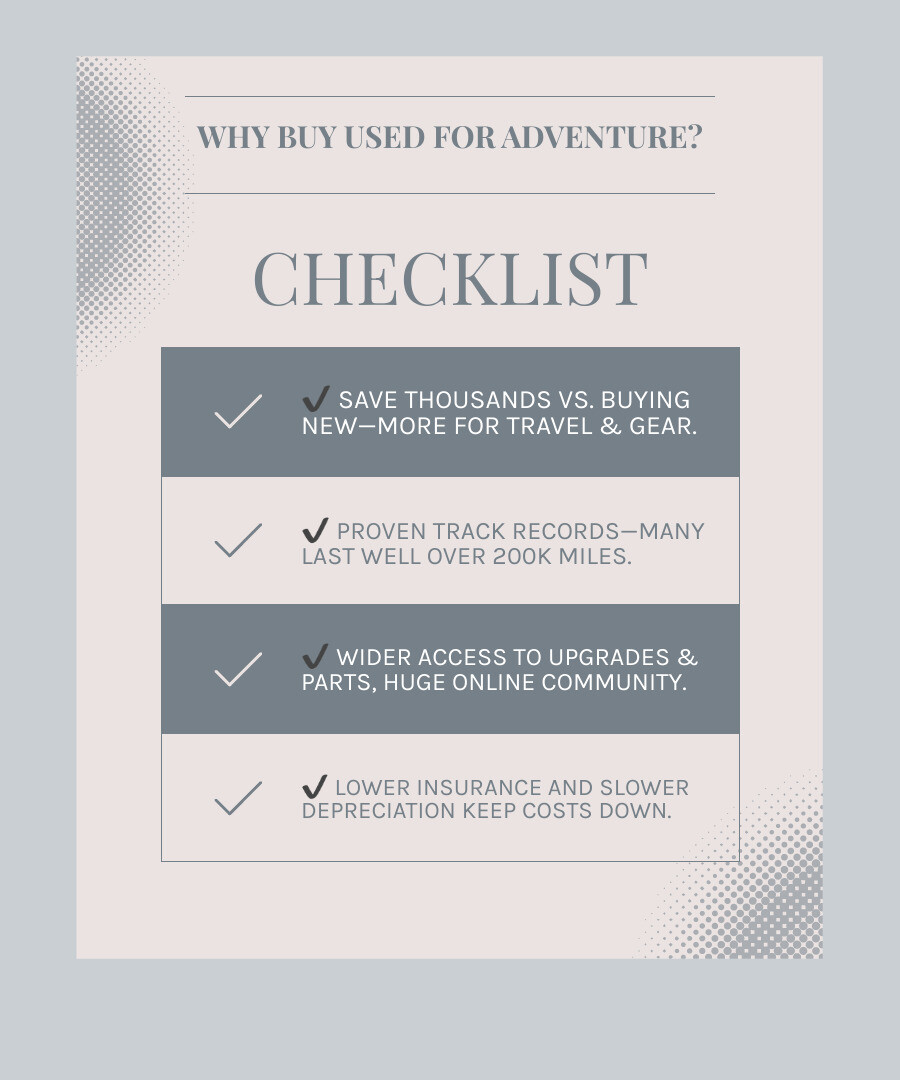 Why Used Beats New for Trip Rigs: Save Big, Go Farther, and Upgrade More with Pre-Loved Trip Vehicles - best used trip vehicles infographic checklist-light-blue-grey
