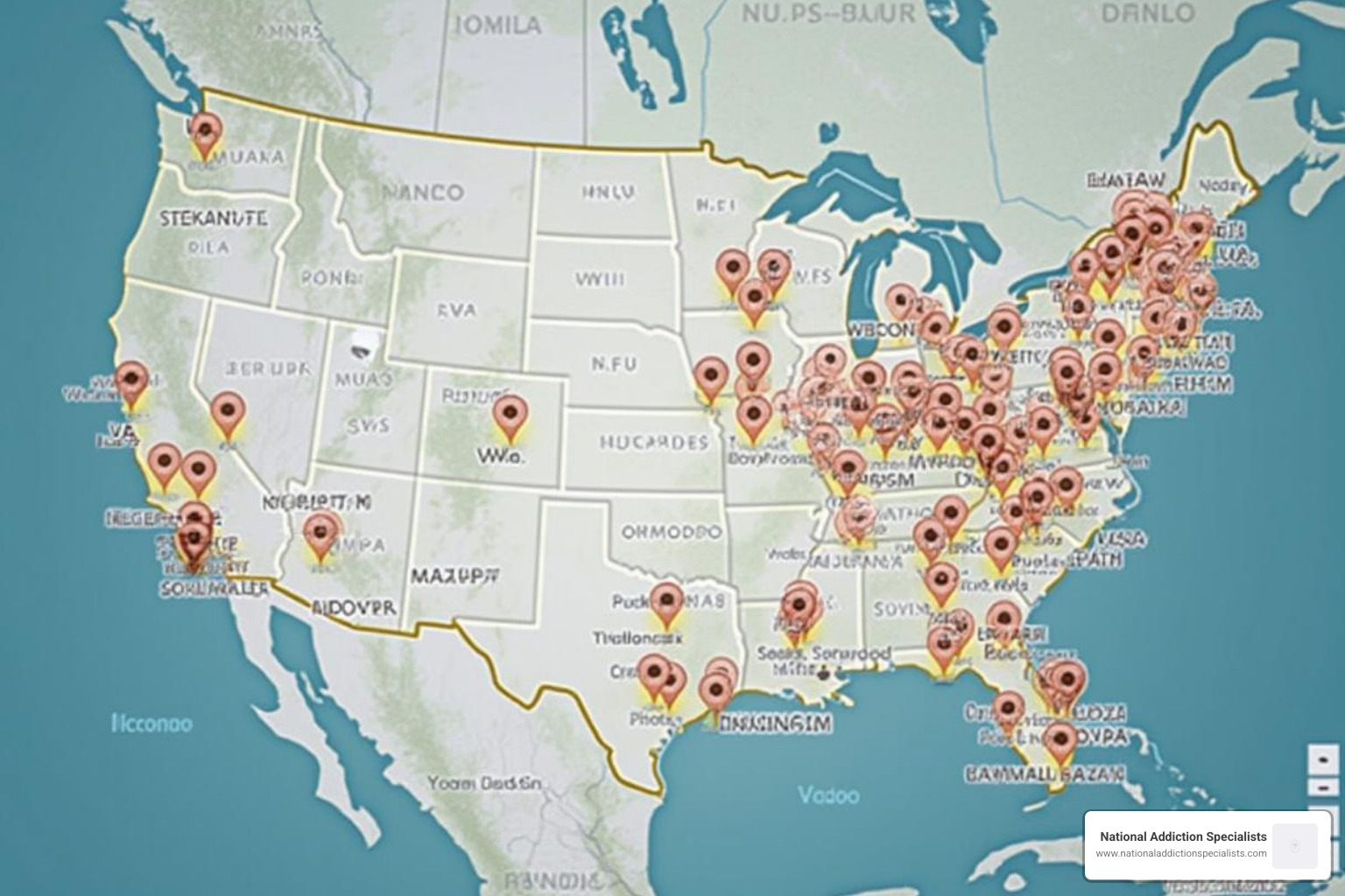 Map showing Suboxone clinics across the U.S., with pins in Brentwood TN, Virginia Beach VA, and other regions - suboxone clinics that take insurance near me